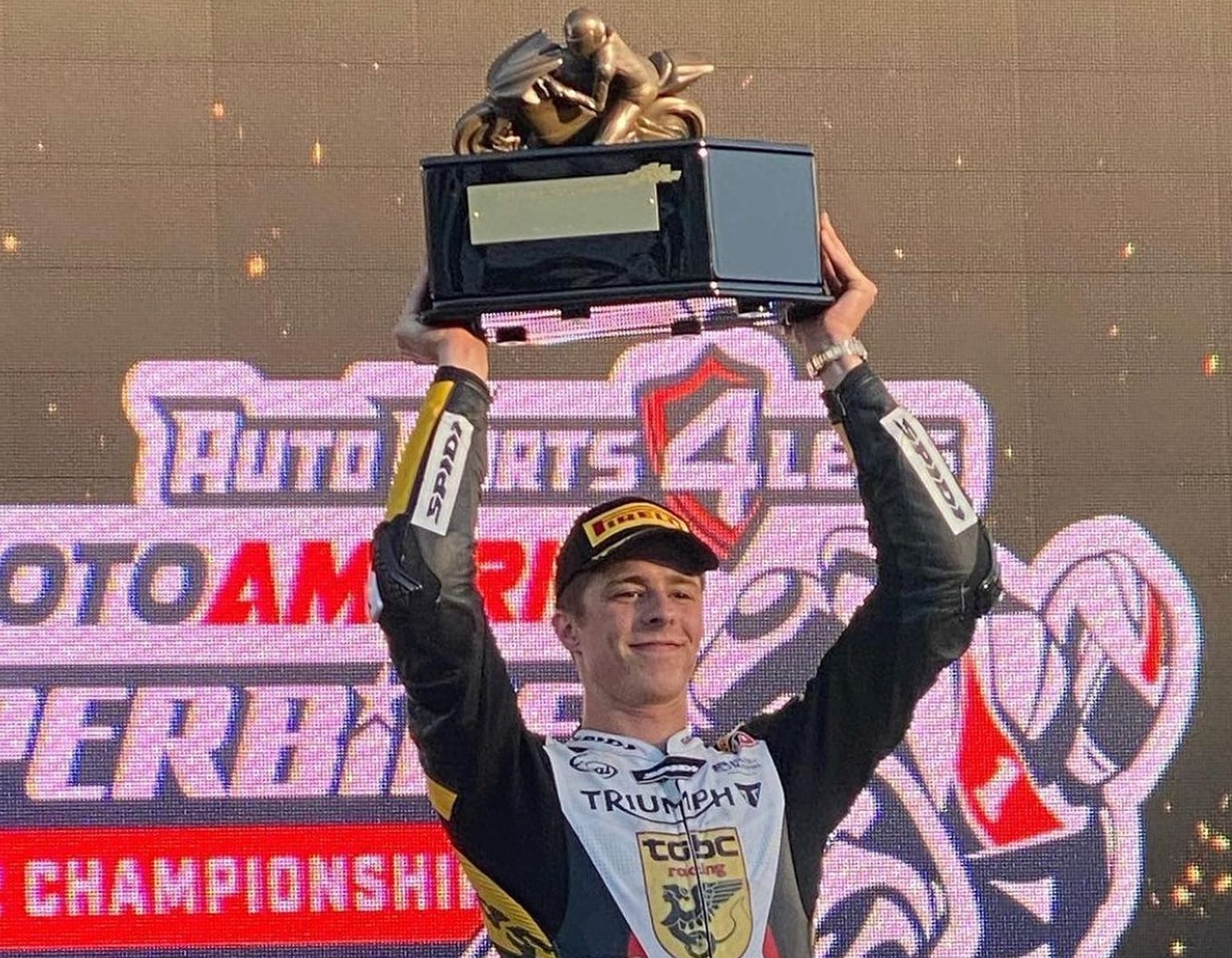 A view of Brandon Paasch, Arai athlete and motorcycle racer who use a slingshot maneuver to secure his second win in a row