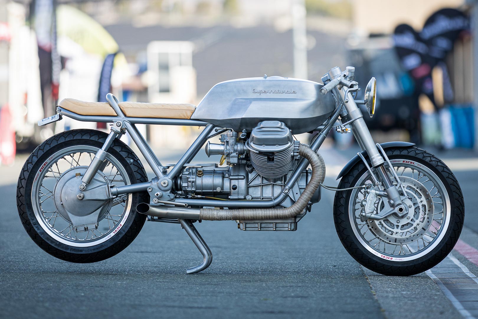 A view of a custom motorcycle created in commemoration of the Ultimate Builders Custom Bike Show