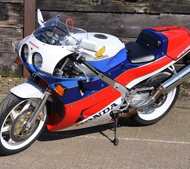 a rare 1988 Honda VFR-750R RC30 WSBK homologation special “finished in blue, white, and red that was owned by marque specialist Rick Oliver