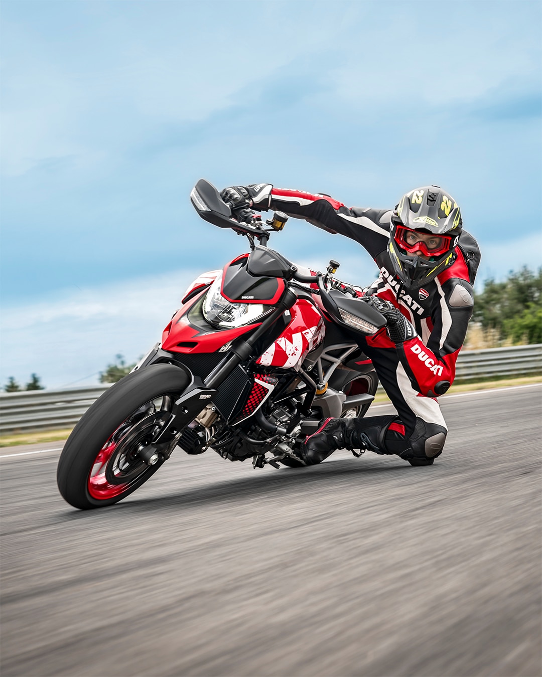 A view of Ducati's new Hypermotard 950 RVE, with neat 'graffiti' graphics and paint scheme 