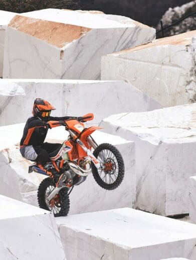 A view of KTM's new lineup of two-stroke and four-stroke enduro models, including the SIX DAYS editions, Wess editions and factory editions (which may potentially feature a new engine)