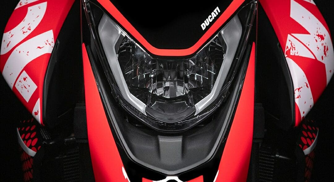 A view of Ducati's new Hypermotard 950 RVE, with neat 'graffiti' graphics and paint scheme