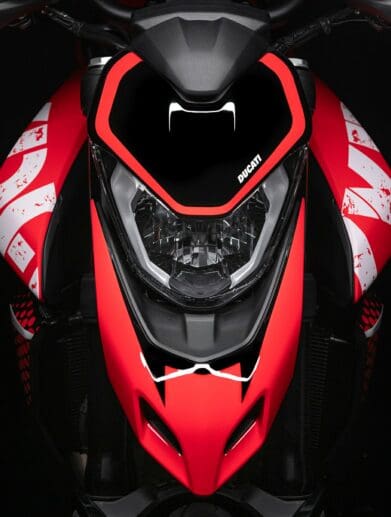 A view of Ducati's new Hypermotard 950 RVE, with neat 'graffiti' graphics and paint scheme