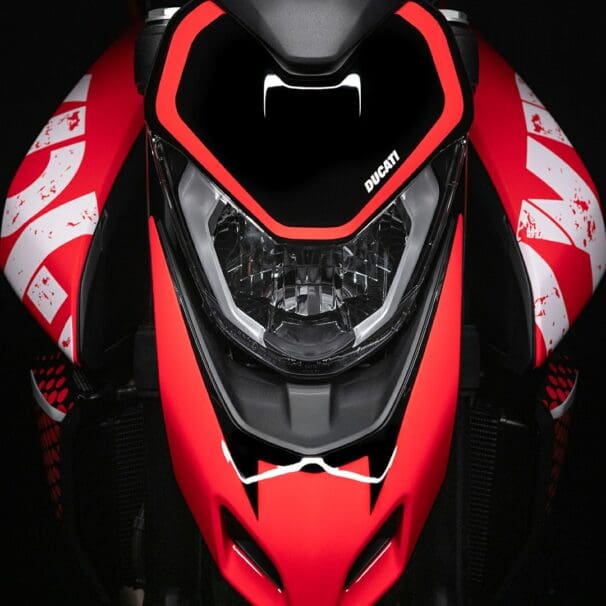 A view of Ducati's new Hypermotard 950 RVE, with neat 'graffiti' graphics and paint scheme