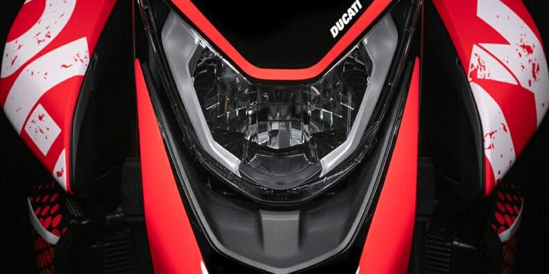 A view of Ducati's new Hypermotard 950 RVE, with neat 'graffiti' graphics and paint scheme