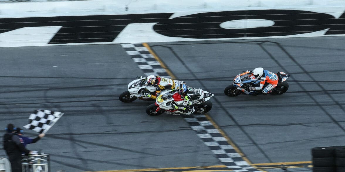 A view of Brandon Paasch, Arai athlete and motorcycle racer who use a slingshot maneuver to secure his second win in a row