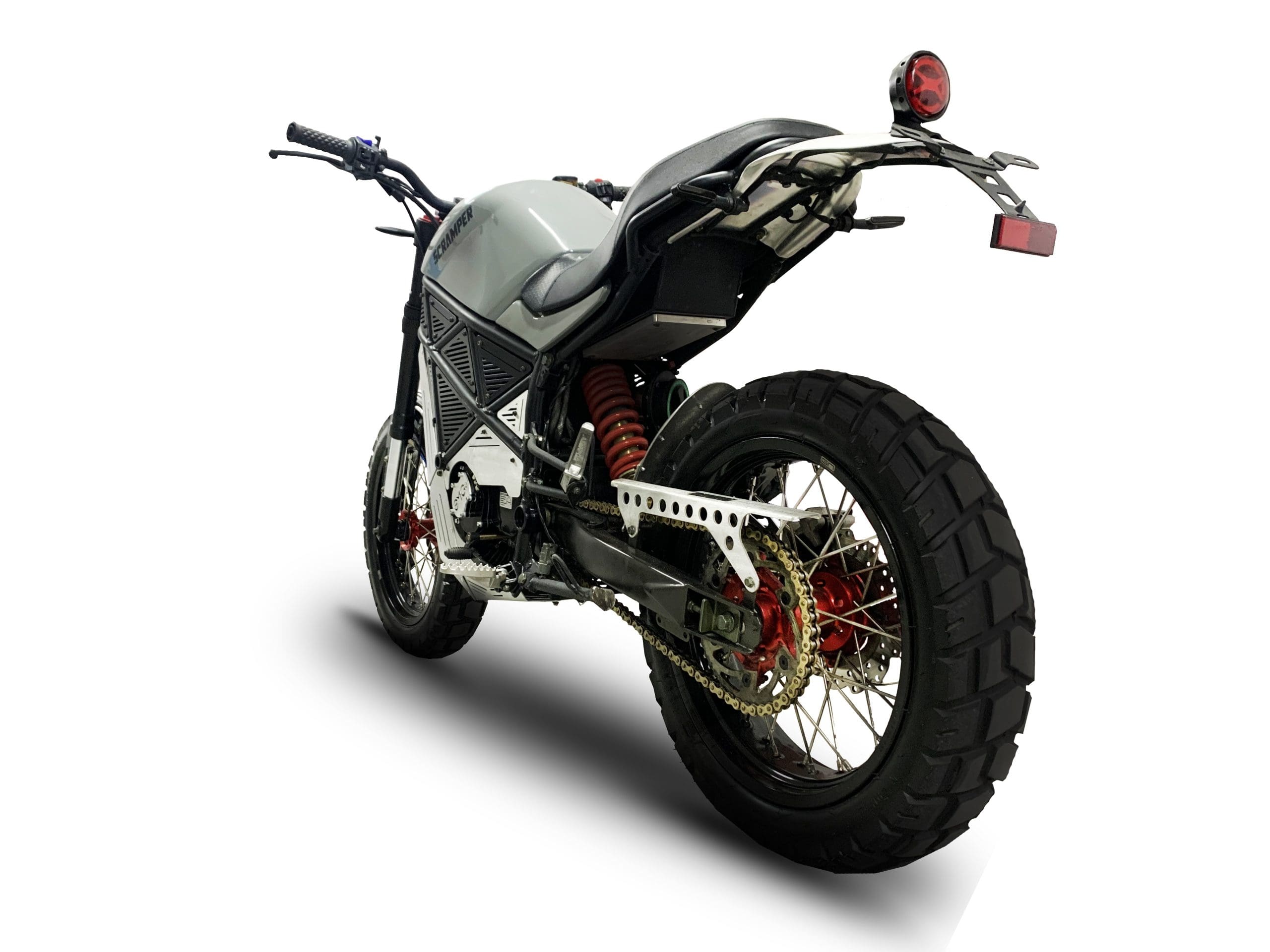 A view of the ScrAmper electric motorcycle from EmGo Technologies
