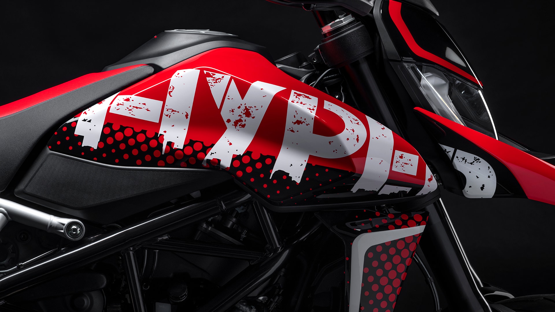 A view of Ducati's new Hypermotard 950 RVE, with neat 'graffiti' graphics and paint scheme 