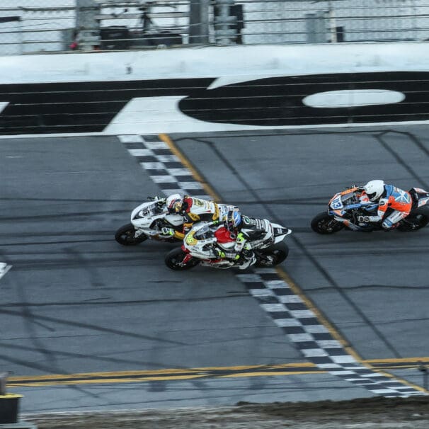 A view of Brandon Paasch, Arai athlete and motorcycle racer who use a slingshot maneuver to secure his second win in a row