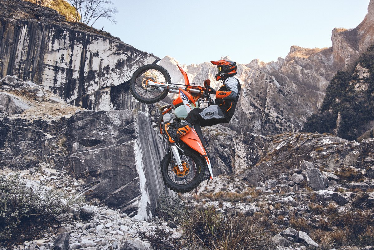 A view of KTM's new lineup of two-stroke and four-stroke enduro models, including the SIX DAYS editions, Wess editions and factory editions (which may potentially feature a new engine)