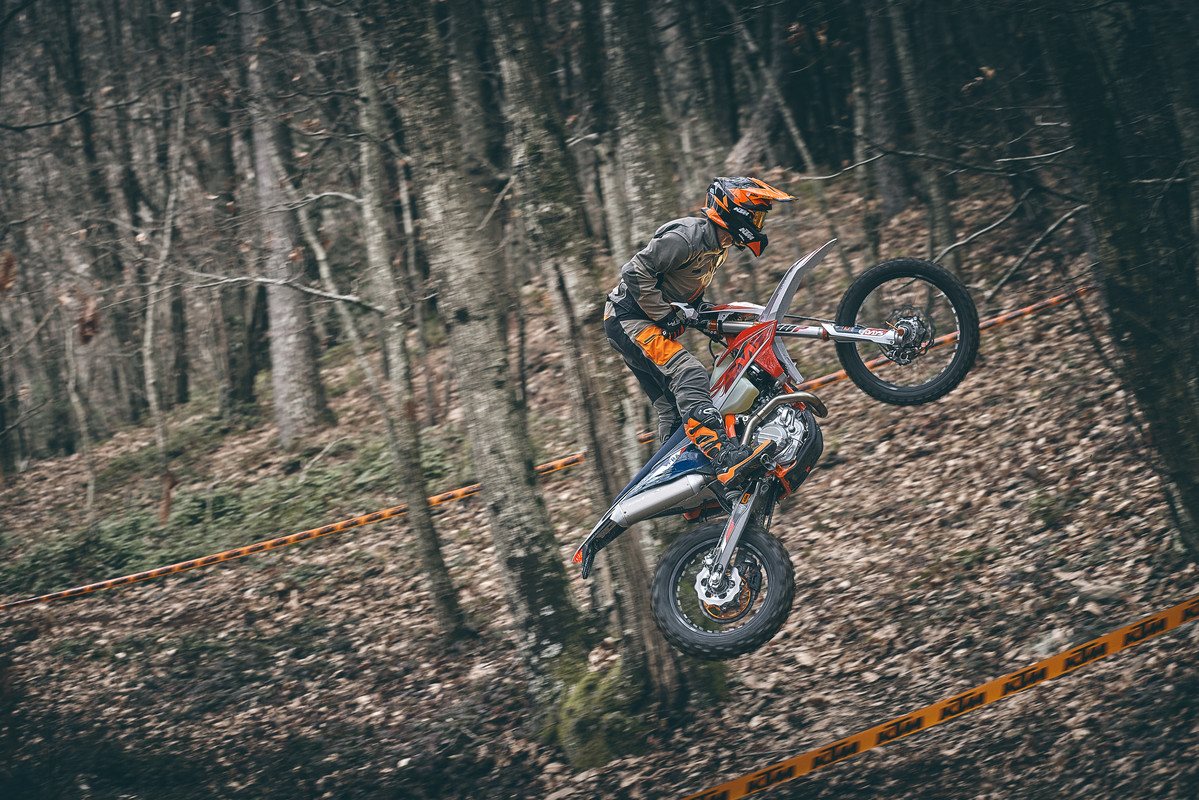 A view of KTM's new lineup of two-stroke and four-stroke enduro models, including the SIX DAYS editions, Wess editions and factory editions (which may potentially feature a new engine)