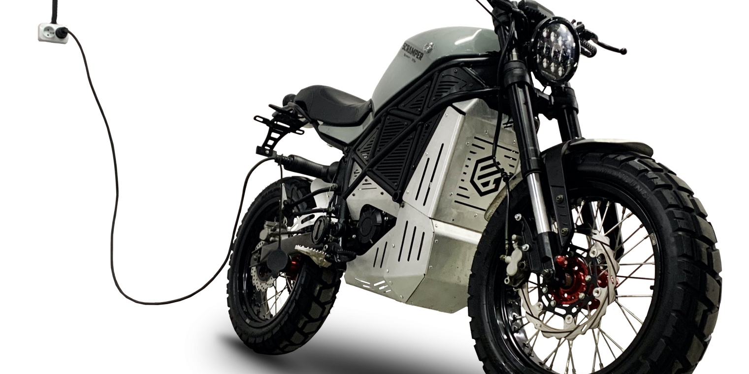 A view of the ScrAmper electric motorcycle from EmGo Technologies