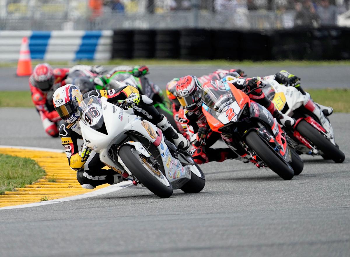 A view of Brandon Paasch, Arai athlete and motorcycle racer who use a slingshot maneuver to secure his second win in a row