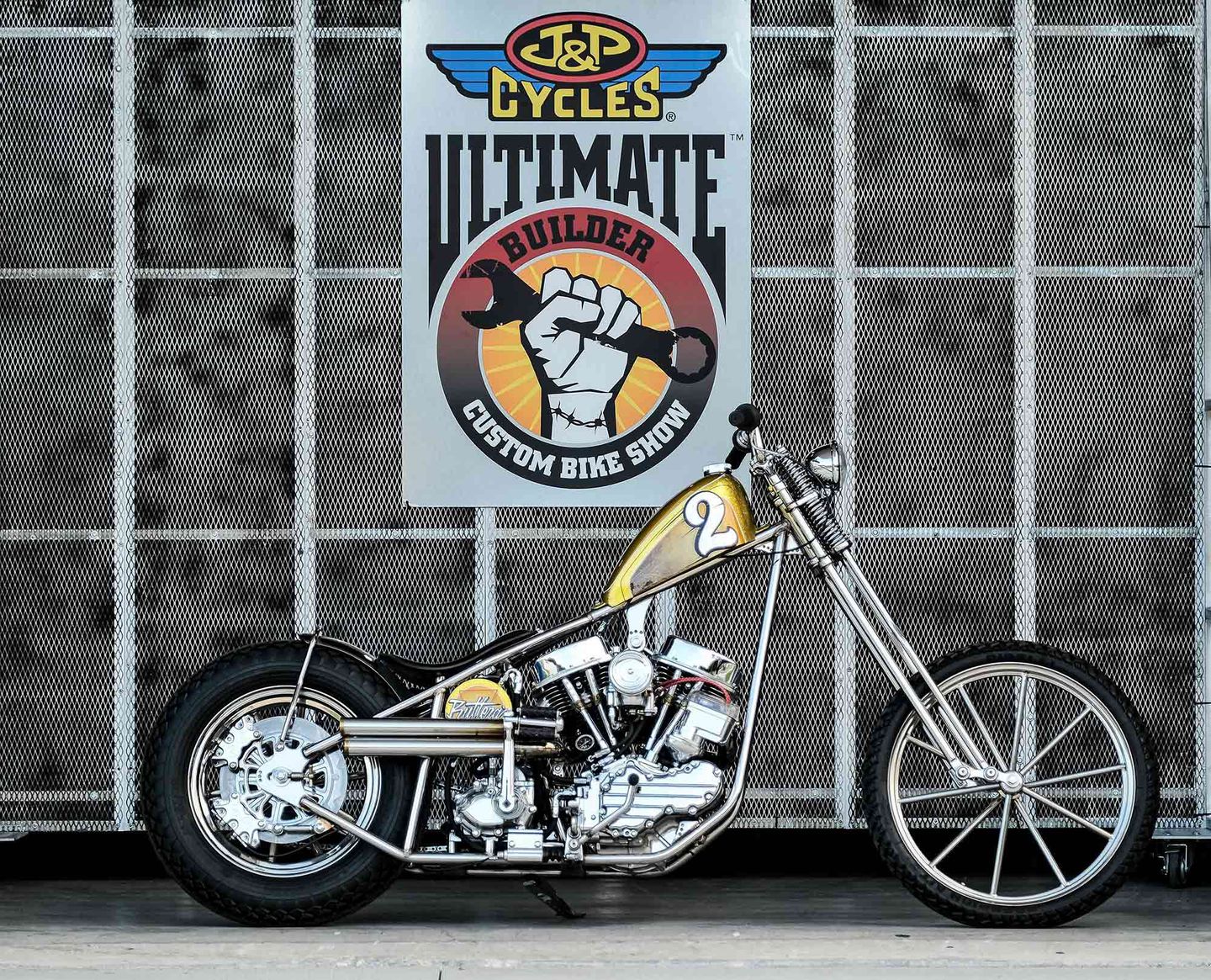 A view of a custom motorcycle created in commemoration of the Ultimate Builders Custom Bike Show