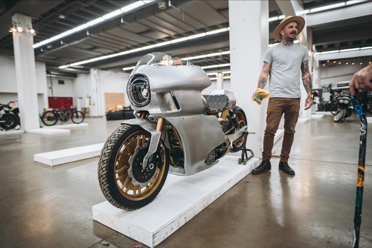 A view of a custom motorcycle created in commemoration of the Ultimate Builders Custom Bike Show