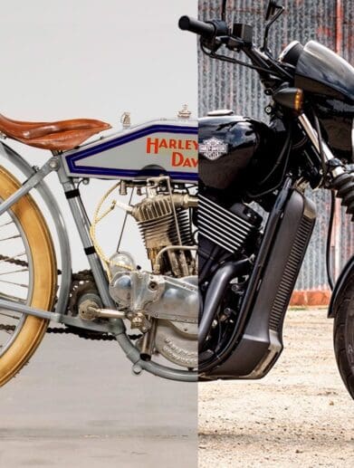 Image of early Harley-Davidson motorcycle on left with newer Street 500 on right