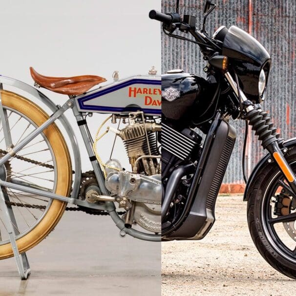 Image of early Harley-Davidson motorcycle on left with newer Street 500 on right