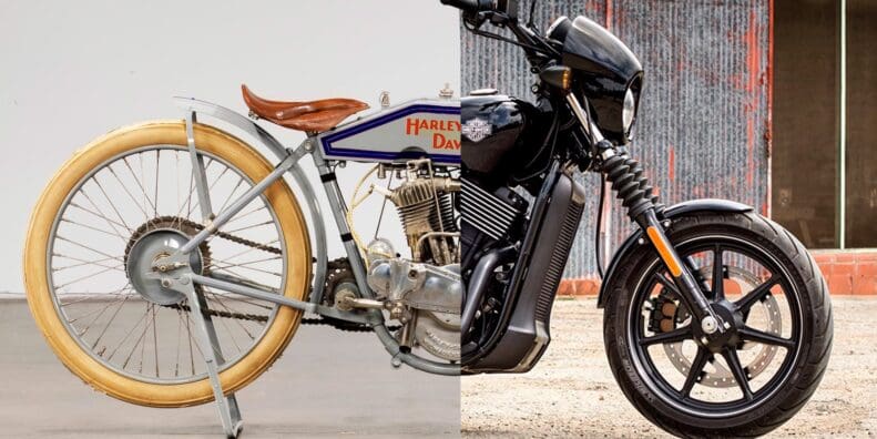 Image of early Harley-Davidson motorcycle on left with newer Street 500 on right