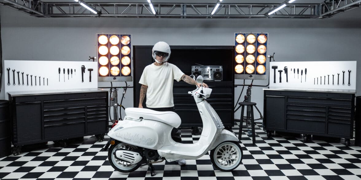 A view of Justin Bieber's recent collaboration with Vespa, including his use of a machine pre-collab