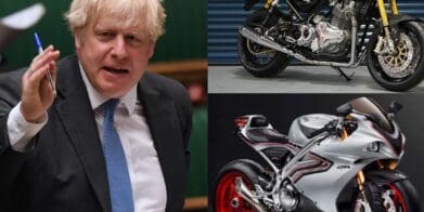 Boris Johnson with an image of the anticipated re-engineered Norton motorcycle models