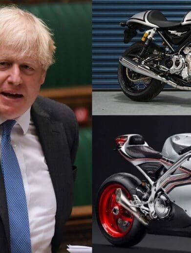 Boris Johnson with an image of the anticipated re-engineered Norton motorcycle models