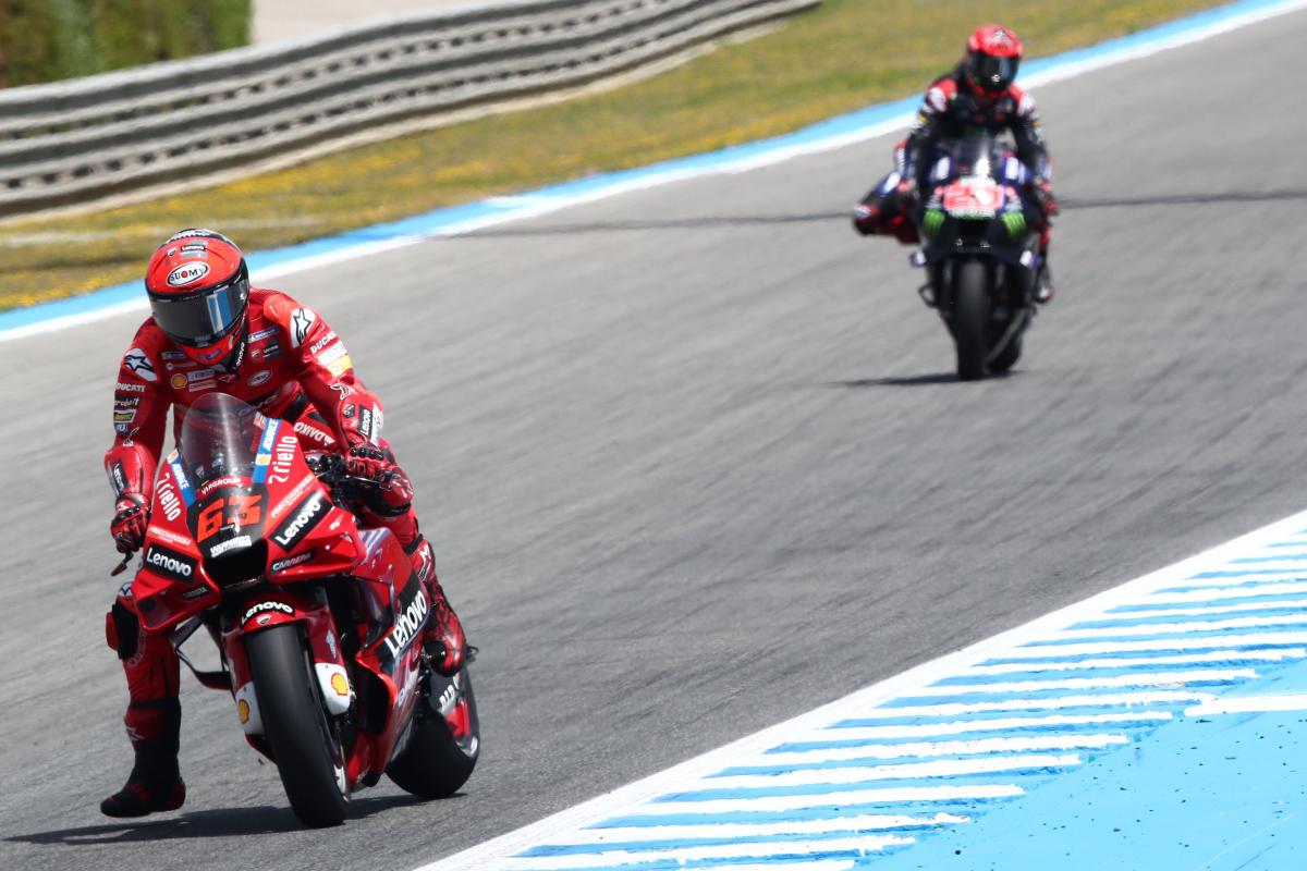 A view of the racers involved in the Spanish MotoGP, some of which were riding with lower tyre pressures in an attempt to get the front tyre to behave.