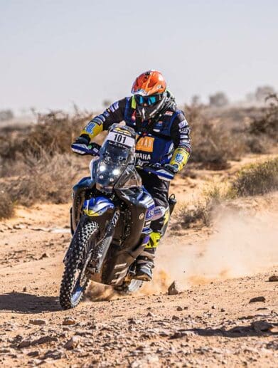 A view of the Yamaha Tenere 700 World Raid that beat the competition at the 2022 Tunisia Rally