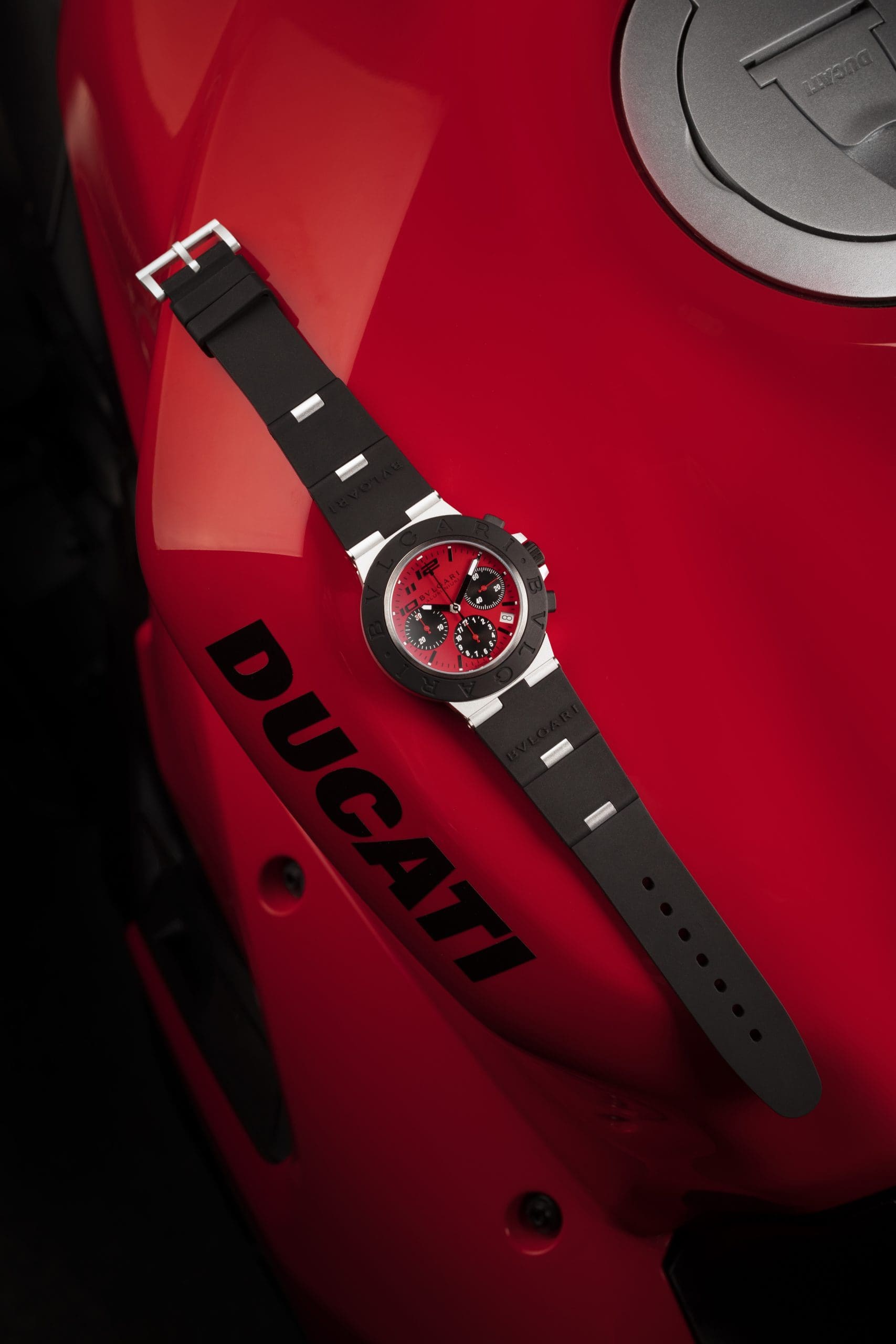 A view of the Bulgari Aluminum Ducati Special Edition chronograph, which is now available on Bulgari's webpage for $5,000 and is advertised as The best Bulgari watch ever made.