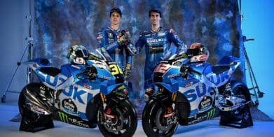 A view of the Suzuki team and Suzuki supersport machines decked out for the MotoGP track - machines that will soon e defunct with Suzuki's decision to temporarily suspend their acticitive on the circuit in a purported to save funds