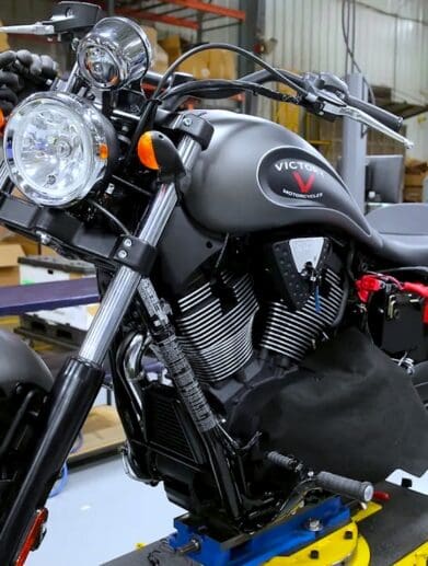 an Indian bike ready to rumble at Spirit Lake Indian Factory. Photo courtesy of the Des Moines Register.