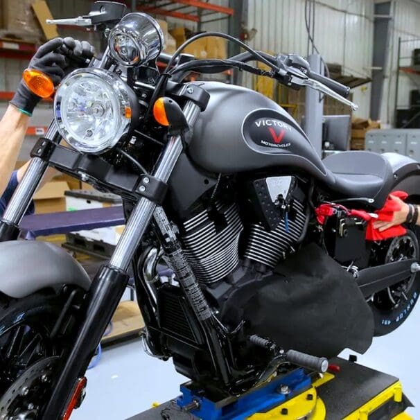 an Indian bike ready to rumble at Spirit Lake Indian Factory. Photo courtesy of the Des Moines Register.