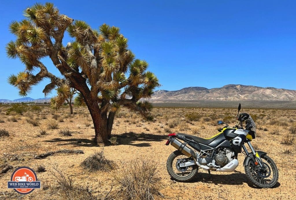 The Aprilia Tuareg 660 out in the Mojave Desert.