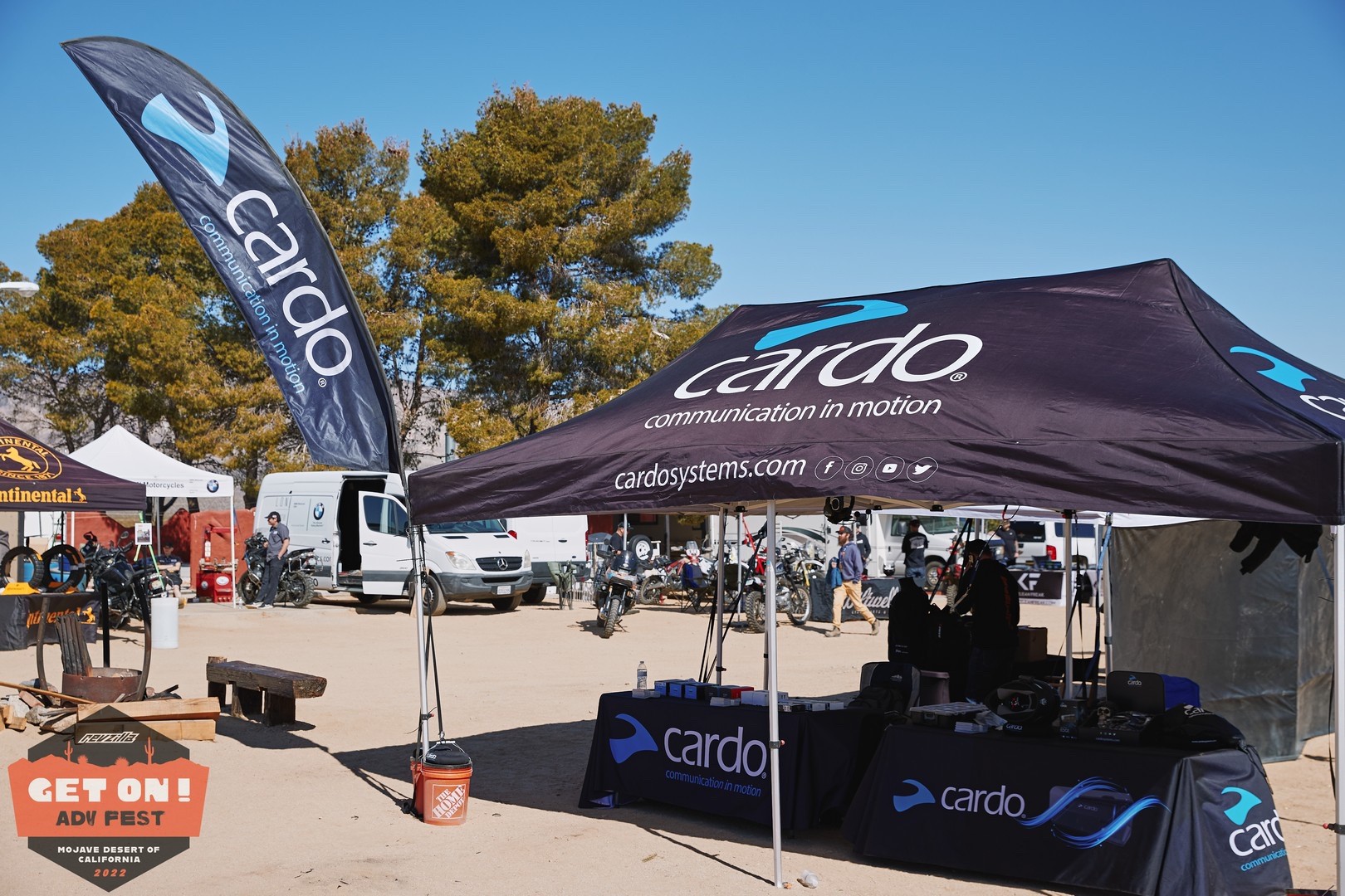 The Cardo booth was a popular destination at the GET ON! Adv Fest rally in Mojave.