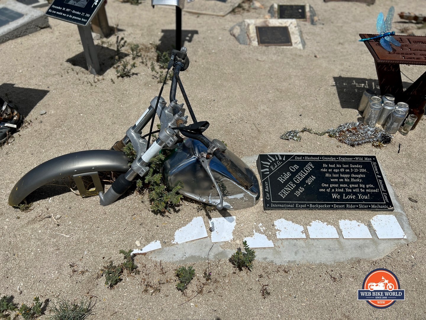 A motorcycle monument buried at the Husky Memorial in Mojave.