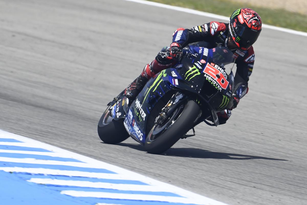 A view of the racers involved in the Spanish MotoGP, some of which were riding with lower tyre pressures in an attempt to get the front tyre to behave.