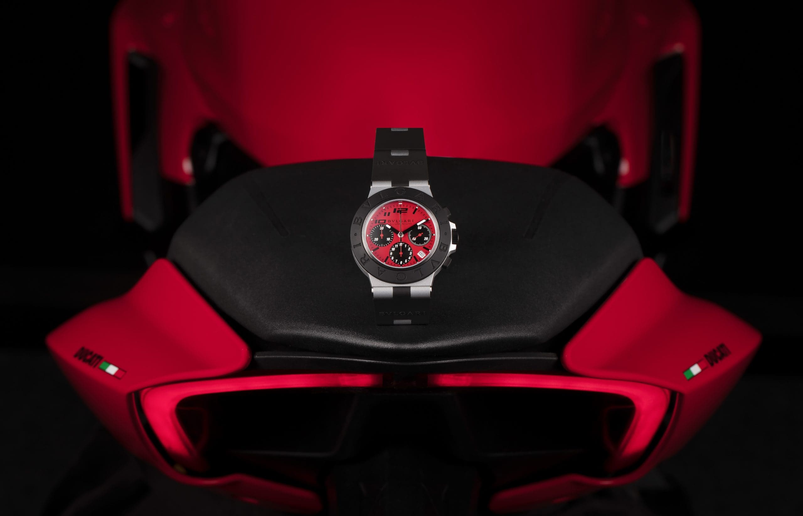 A view of the Bulgari Aluminum Ducati Special Edition chronograph, which is now available on Bulgari's webpage for $5,000 and is advertised as The best Bulgari watch ever made.