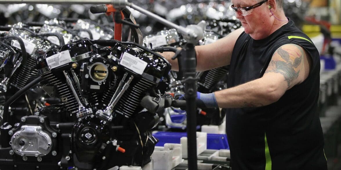 A view of Harley-Davidson bikes made in connection with plants in New York and Pennsylvania.