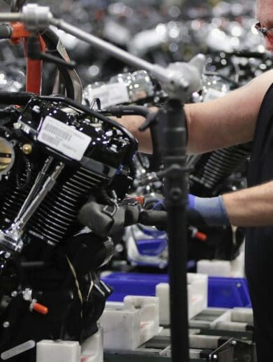 A view of Harley-Davidson bikes made in connection with plants in New York and Pennsylvania.