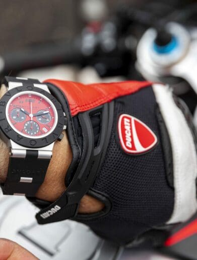 A view of the Ducati X Bulgari Special Edition Chronograph, currently available on Bulgari's website