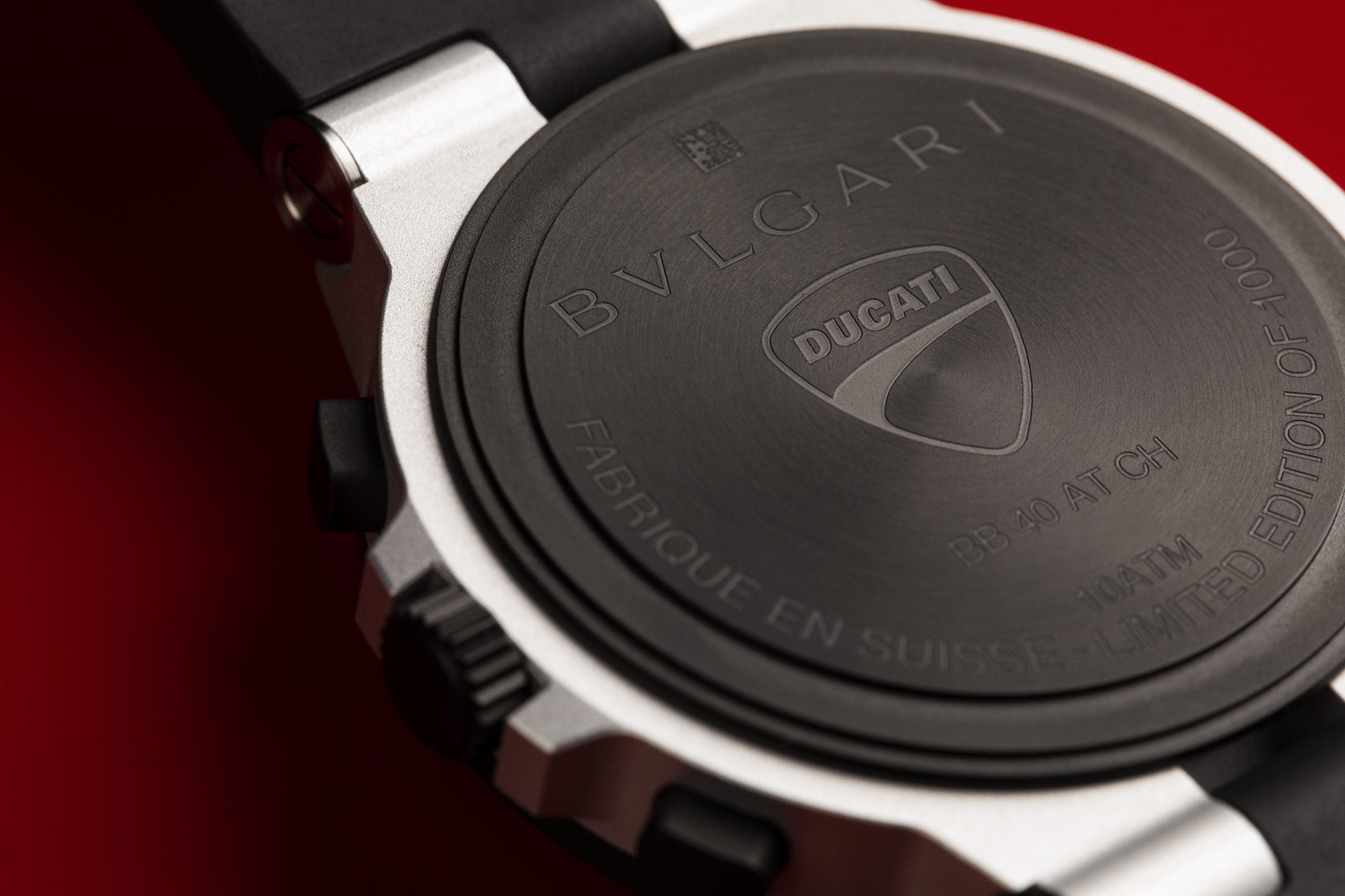 two motorcyclists showcasing the Bulgari Aluminum Ducati Special Edition chronograph, which is now available on Bulgari's webpage for $5,000 and is advertised as The best Bulgari watch ever made.