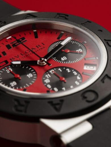 two motorcyclists showcasing the Bulgari Aluminum Ducati Special Edition chronograph, which is now available on Bulgari's webpage for $5,000 and is advertised as "The best Bulgari watch ever made."