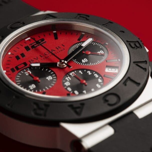 two motorcyclists showcasing the Bulgari Aluminum Ducati Special Edition chronograph, which is now available on Bulgari's webpage for $5,000 and is advertised as "The best Bulgari watch ever made."