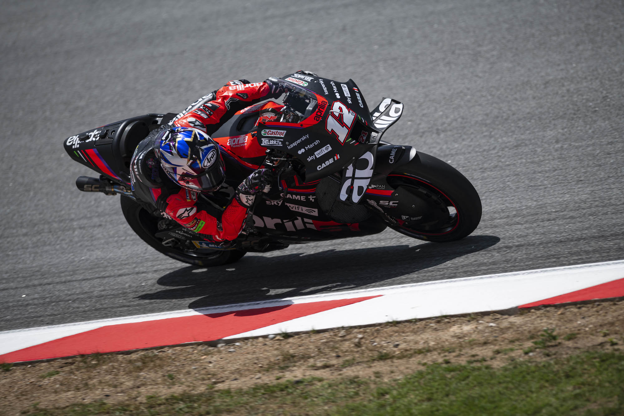 Aprilia Racing leaning into the twisties this past weekend, during which Espargaro and Vinales Claim 1st and 2nd place. Photo courtesy of Aprilia Racing's press release.