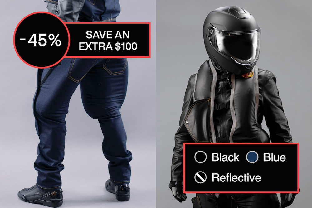 A view of the discounts available on Mo'cyclew's Indiegogo launch of the Airbag Jeans and Airbag Outfit.