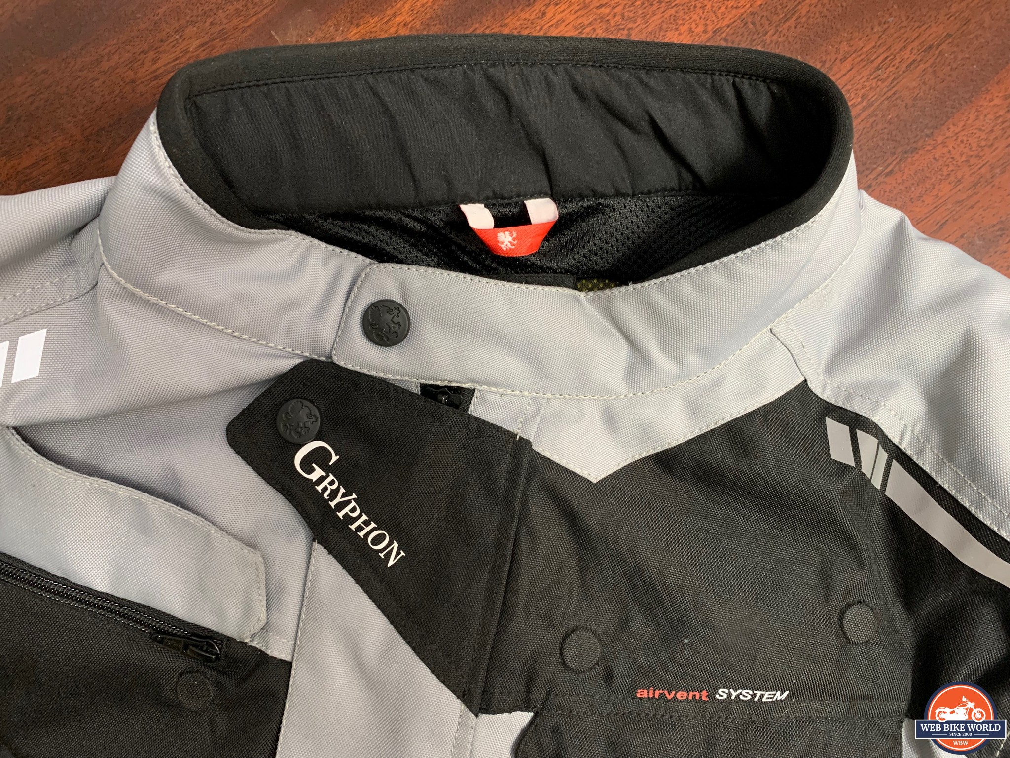Closeup of collar on Gryphon Moto Frontier Jacket