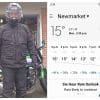 Author in Richa Brutus GTX Pants next to screenshot of rainy weather forecast