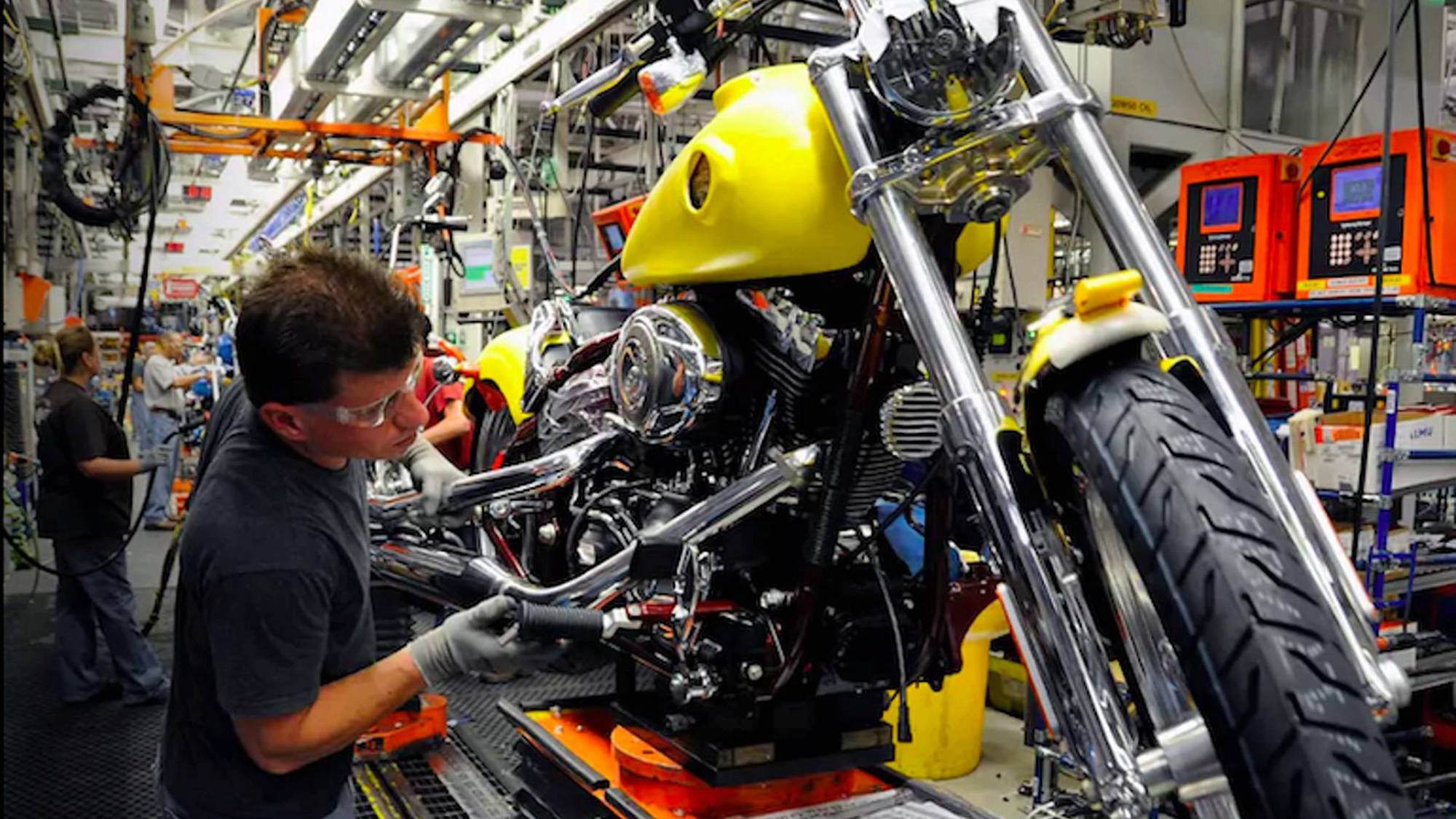 A Harley bike in an assembly line. Photo courtesy of RideApart.