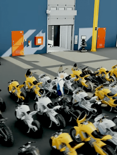 Damon motorcycles with their virtual plant tour - and a suspicious percentage of adventure bikes in the ranks. Photo courtesy of Youtube.