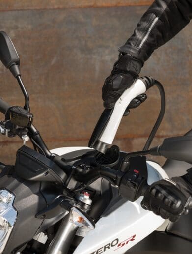 The Zero SR/F, being plugged for a quick charge. Photo courtesy of Ultimate Motorcycling.