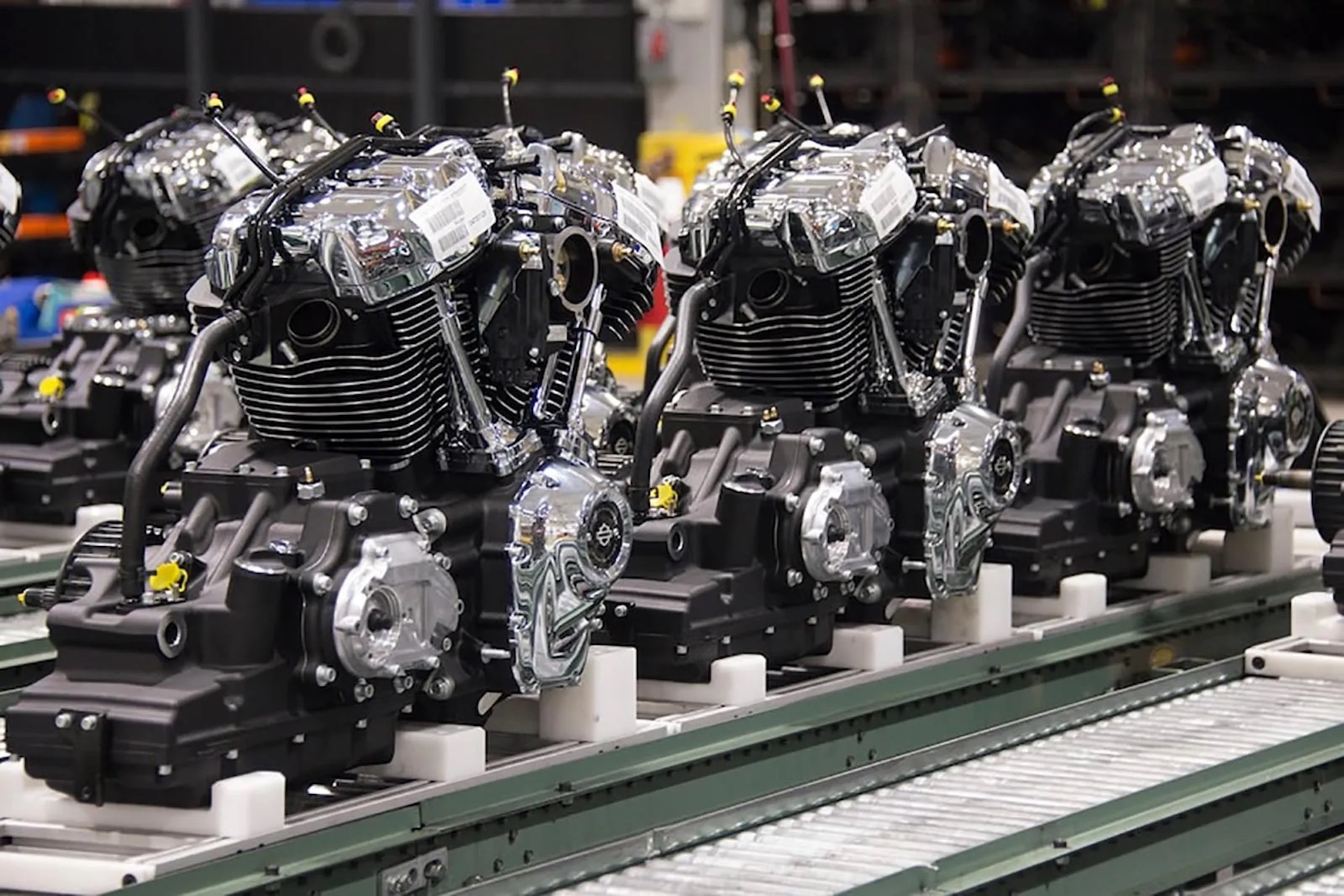 A lineup of Harley engines. Photo courtesy of Asphalt & Rubber.